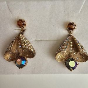 Vintage Aurora Borealis Rhinestone Textured Gold Tone Scrolls Clip on Earrings